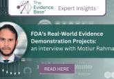 Photo of Motiur Rahman on a green background with an image to depict health data. Motiur is taking part in an interview discussing the FDA's Real-world evidence demonstration projects