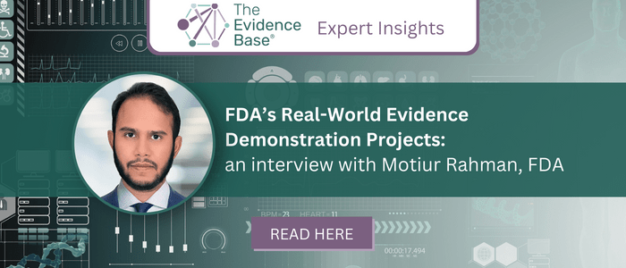 Photo of Motiur Rahman on a green background with an image to depict health data. Motiur is taking part in an interview discussing the FDA's Real-world evidence demonstration projects