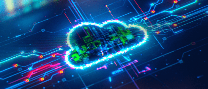 Symbol of a cloud on a dark background surrounded by illuminated lines and pixels. To represent the concept that Atropos integrates GENEVA™ OS with Google Cloud.