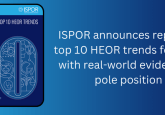 Image of ISPOR top 10 HEOR trends for 2024 on blue background