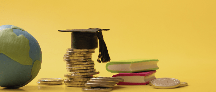 Image of a globe next to a stack of coins wearing a graduation cap on a yellow background, to show the concept of IHI announcing a funding call for real-world evidence proposals