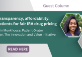 Image of Kistein Monkhouse and Jason Spangler on a green background with the title of their column discussing patient engagement in the Inflation Reduction Act