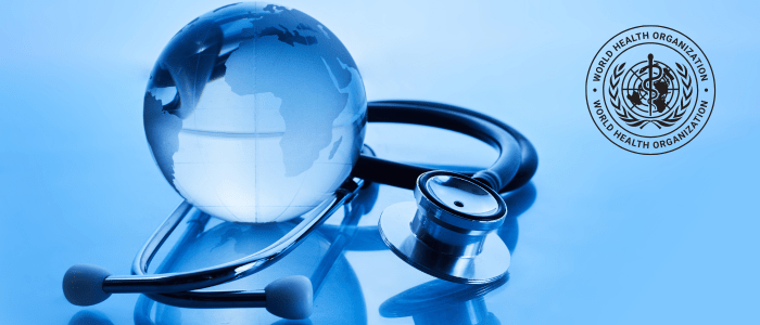 A clear globe wrapped in a stethoscope on a blue background next to the WHO logo, to represent the concept of WHO introducing new guidance for large multi-modal models.