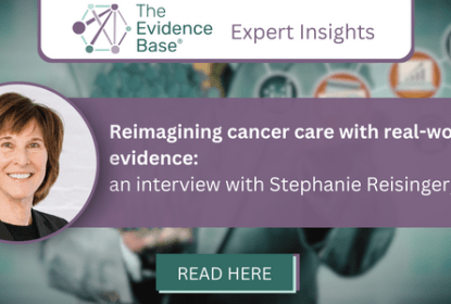 Image of Stephanie Reisinger on a green and purple background, next to the title: Reimagining cancer care with real-world evidence: an interview with Stephanie Reisinger, Flatiron. To show that this is about Stephanie Reisinger discusses reimagining cancer care with RWE.