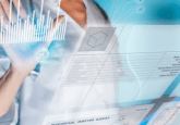Woman in lab coat looking a holographic images of electronic medical records. To represent that Lynx.MD and Elevate ENT will partner for AI-driven otolaryngology care.
