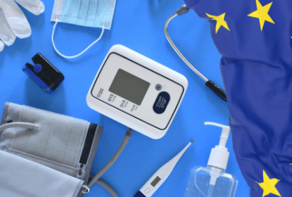 Various medical devices, including a blood pressure monitor, oximeter, thermometer and more on a blue background. There is an EU flag on the right. To represent SUSTAIN HTA to advance innovative HTA methods in Europe.