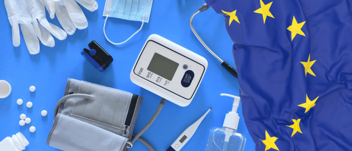 Various medical devices, including a blood pressure monitor, oximeter, thermometer and more on a blue background. There is an EU flag on the right. To represent SUSTAIN HTA to advance innovative HTA methods in Europe.