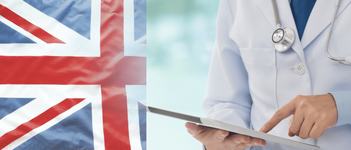Person in a lab coat holding a tablet overlaid with a semi transparent UK flag. To represent that HDR UK call for funding to launch a pilot RWE network.