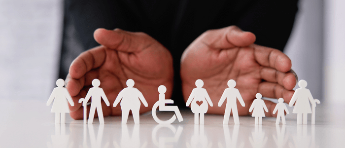 A pair of hands in front of various cut out stick figures representing different people, including a figure in a wheelchair, children, a pregnant woman, etc. To represent that IVI released a report on integrating equity in HTA.