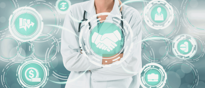 A woman in a lab coat stands behind images of two hands shaking, a heart, medications, and a Dr. To represent that Promptly Health and Datavant to improve health data accessibility.