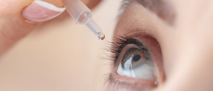 A close up picture of an eye receiving an eye drop. To represent that Verana Health's Qdata® TED Module leverages RWD.