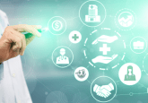 A man in a lab coat with a stethoscope around his neck touches a pen to floating symbols of various healthcare related things, including a hospital and an ambulance, and a handshake, to represent that NashBio and CuriMeta partner to enhance RWD for life sciences